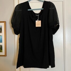BloomChic Black Top with Sheer Polka Dot Sleeves